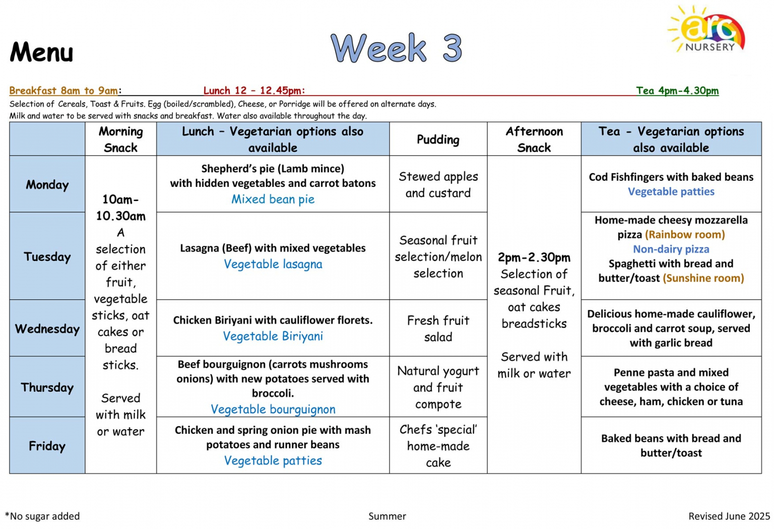 Arc Nursery Menu Examples for Breakfast, Lunch, Tea and Snacks