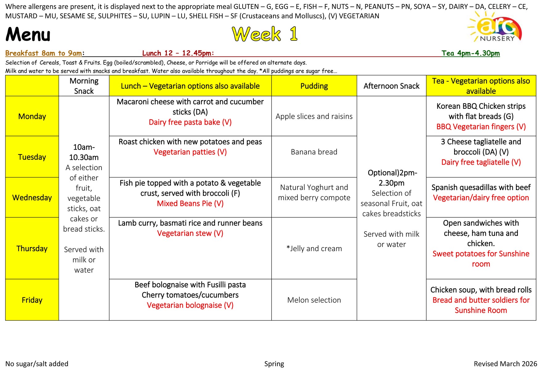 The summer menu for Week 1 at Arc Nursery in Borough, London SE1.