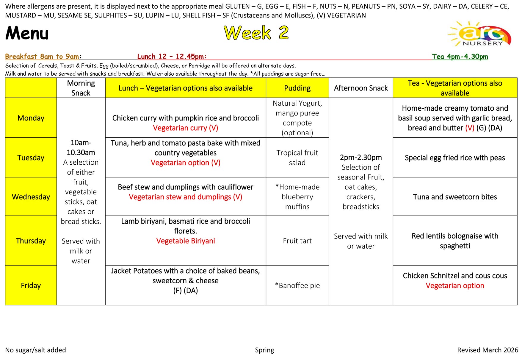 The nursery menu for meals, drinks and snacks in Week 2.