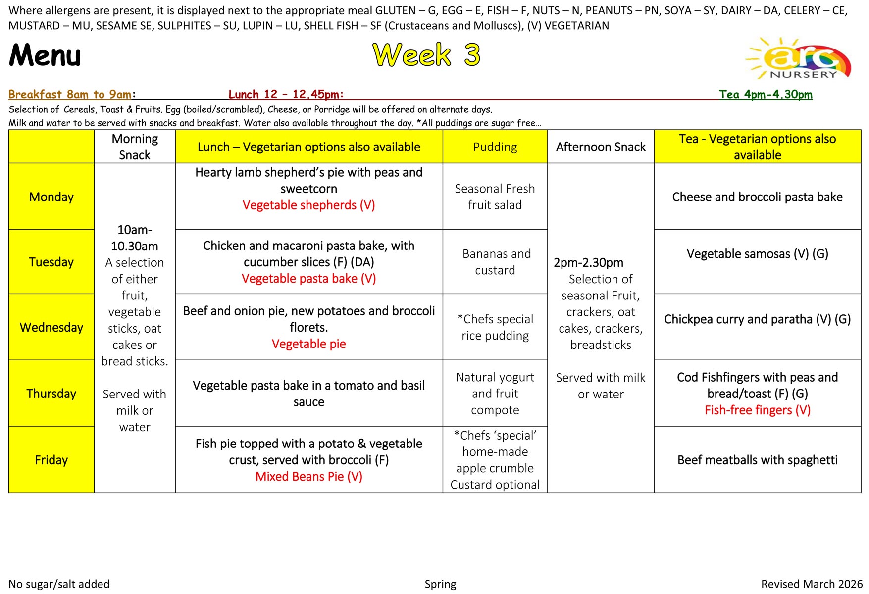 Our 'Week 3' menu at Arc Nursery.